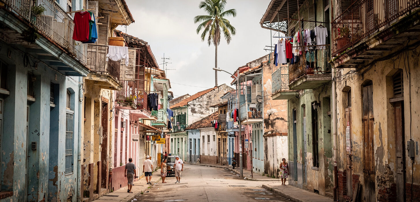 Wąska ulica w Centro Habana z zabytkową zabudową kolonialną, odpadającym tynkiem i balkonami, lokalni mieszkańcy spacerują po chodniku