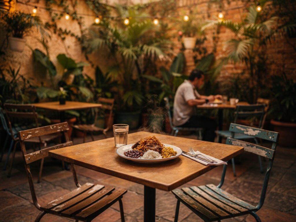 Kameralne podwórkowe patio prywatnej restauracji paladar z drewnianymi stolikami i talerzem kubańskiego jedzenia wieczorową porą