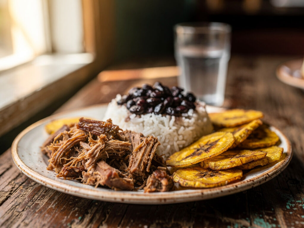 Talerz z ropa vieja, moros y cristianos i tostones na drewnianym stole w kubańskiej restauracji