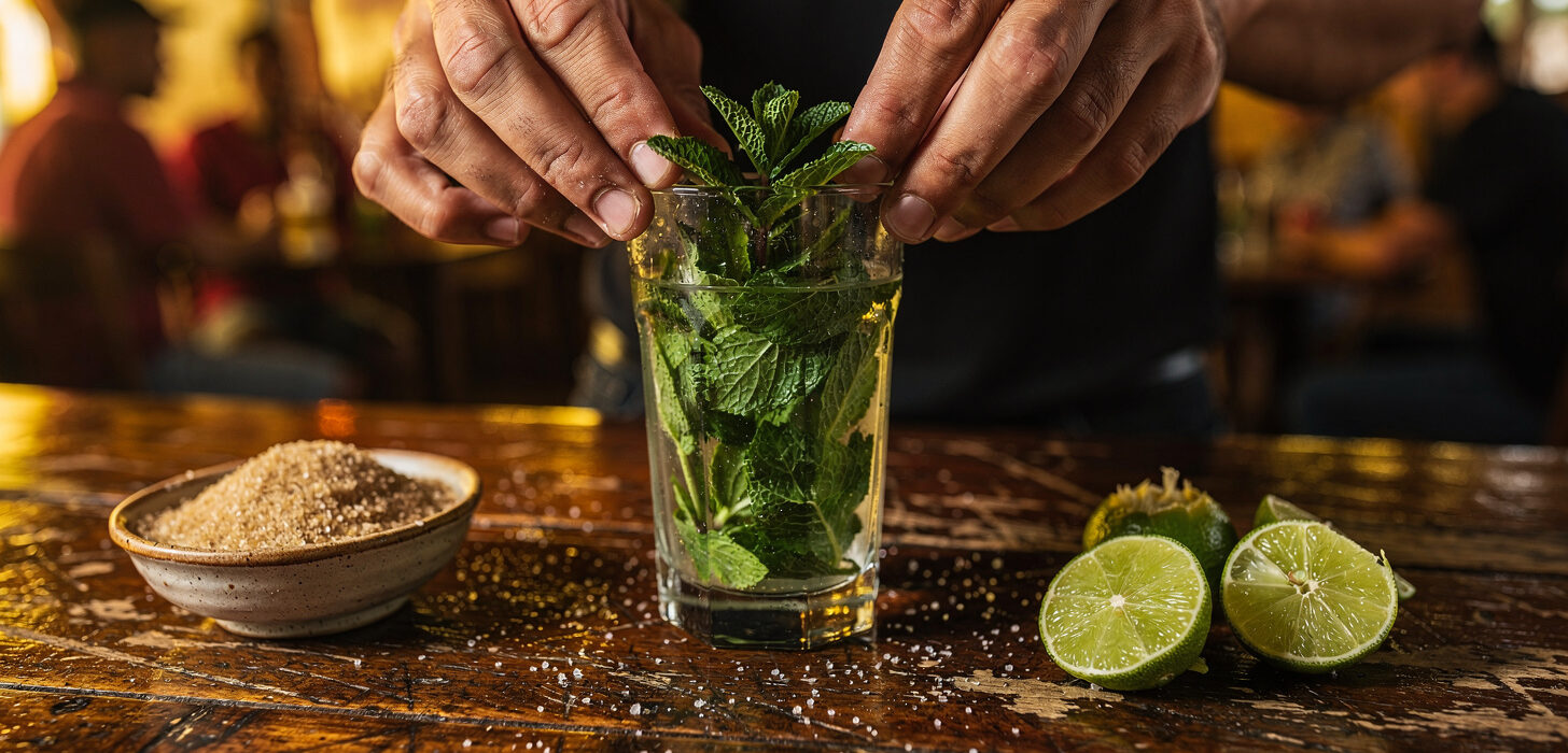 Ręce barmana delikatnie wyciskające świeże liście mięty do szklanki na drewnianym barze, obok kawałki limonki i cukier trzcinowy, w tle wnętrze małego kubańskiego baru z lokalnymi gośćmi