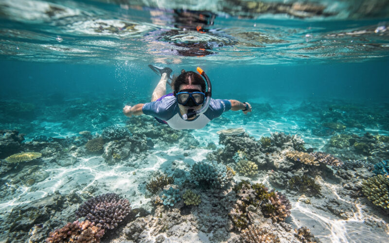 Snorkeler unoszący się nad płytką rafą koralową w krystalicznie czystej wodzie Zatoki Świń na Kubie